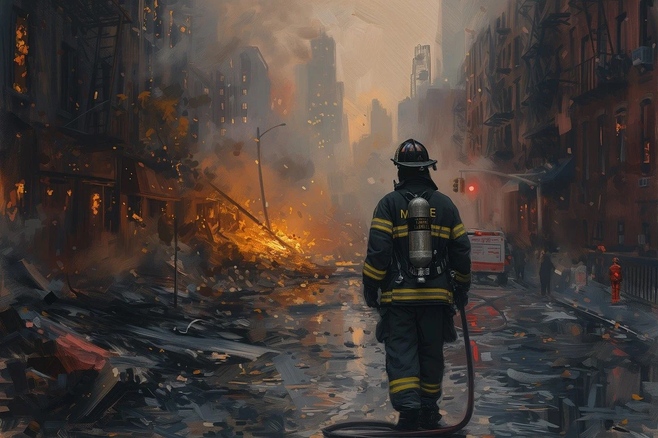 Firefighter using laser imaging camera to see through flames and save lives.